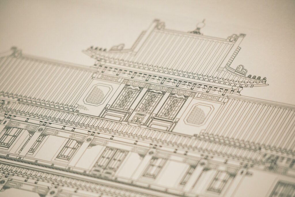 Home Detailed drawing of a traditional building showcasing intricate architectural design elements.